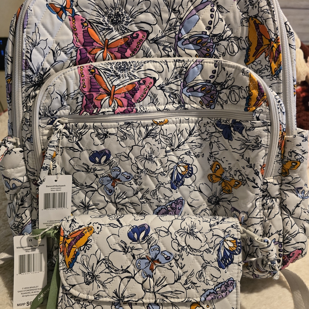 Vera Bradley Purple and White Backpack with Nature-Inspired Design